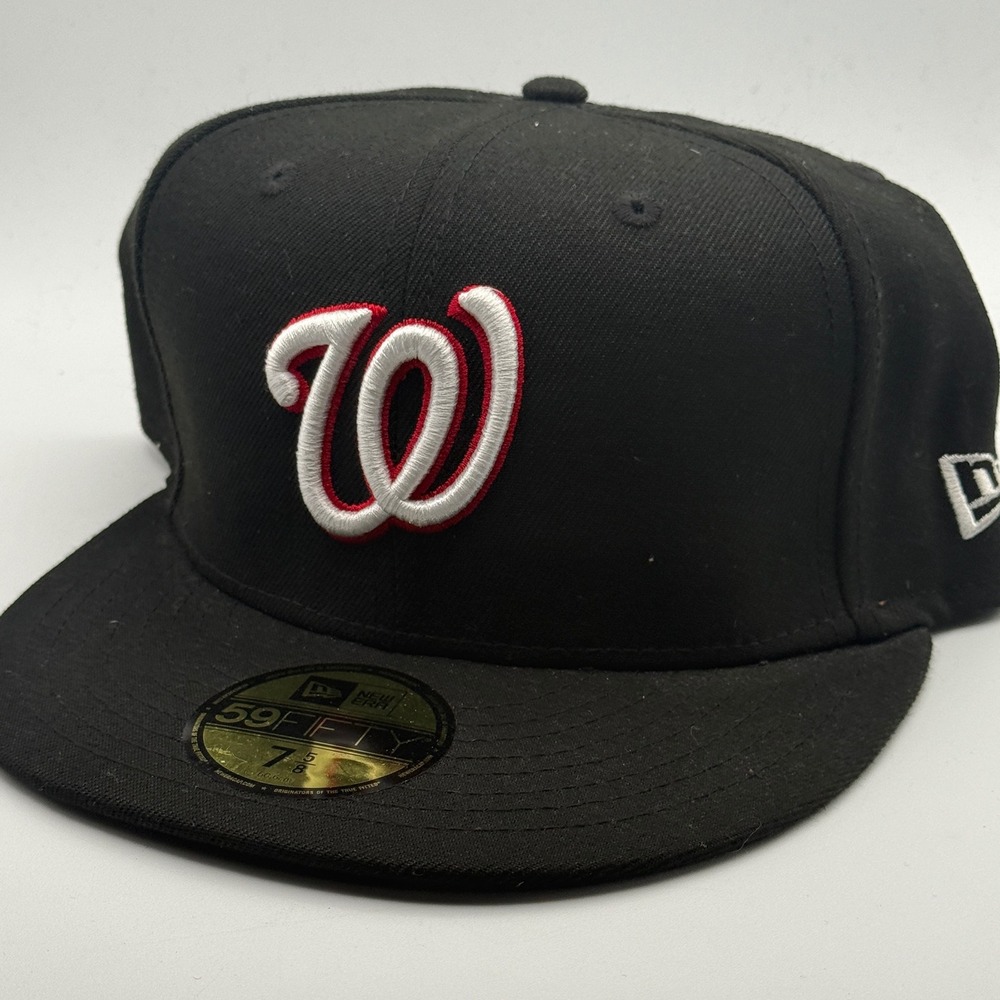 New Era 59FIFTY Washington Nationals Fitted Hat Black MLB Size 7 5/8 60.6cm
